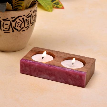  Votive Candle Holder Made of Pink Resin and Wood - 1 Piece